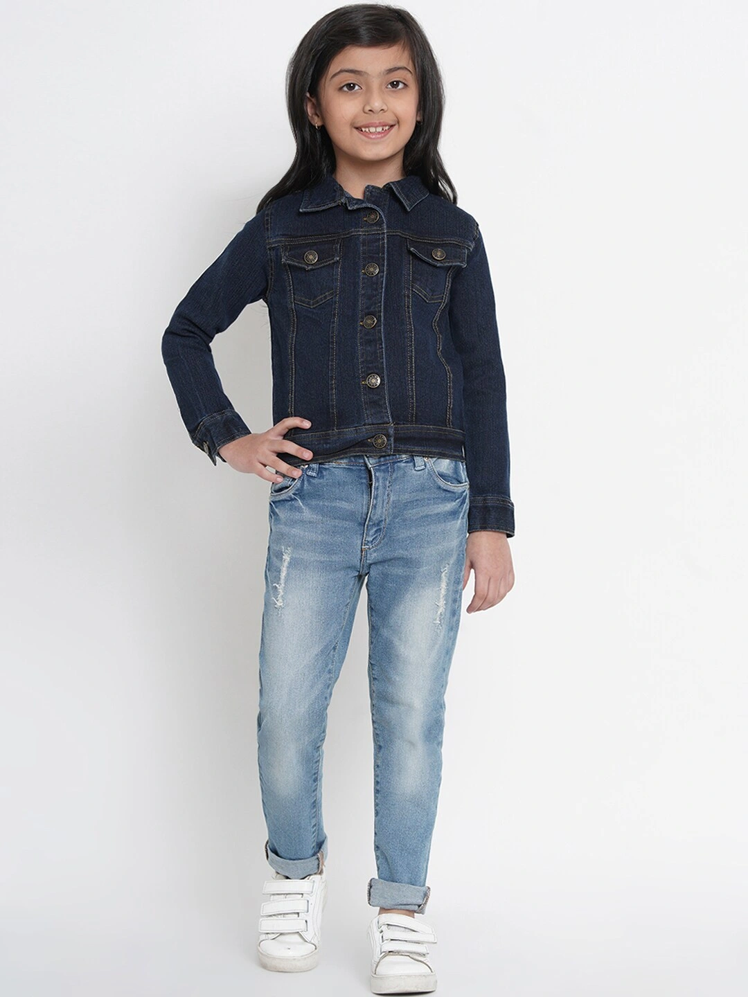 Bitiya by Bhama Girls Navy Blue Solid Denim Jacket-3-4Y-5