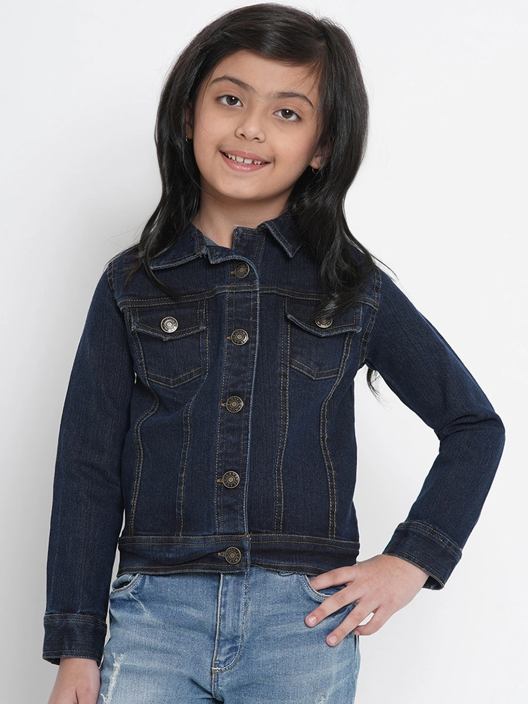 Bitiya by Bhama Girls Navy Blue Solid Denim Jacket-BBT194_7-8Y