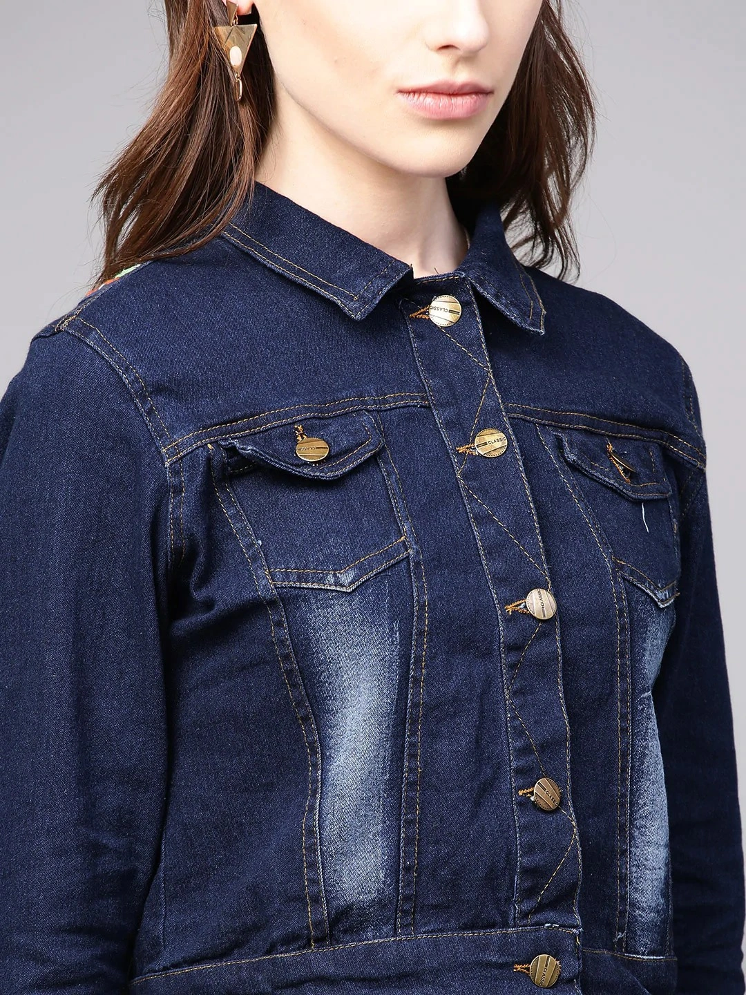 Bhama Couture Women Navy Blue Washed Denim Jacket-L-3