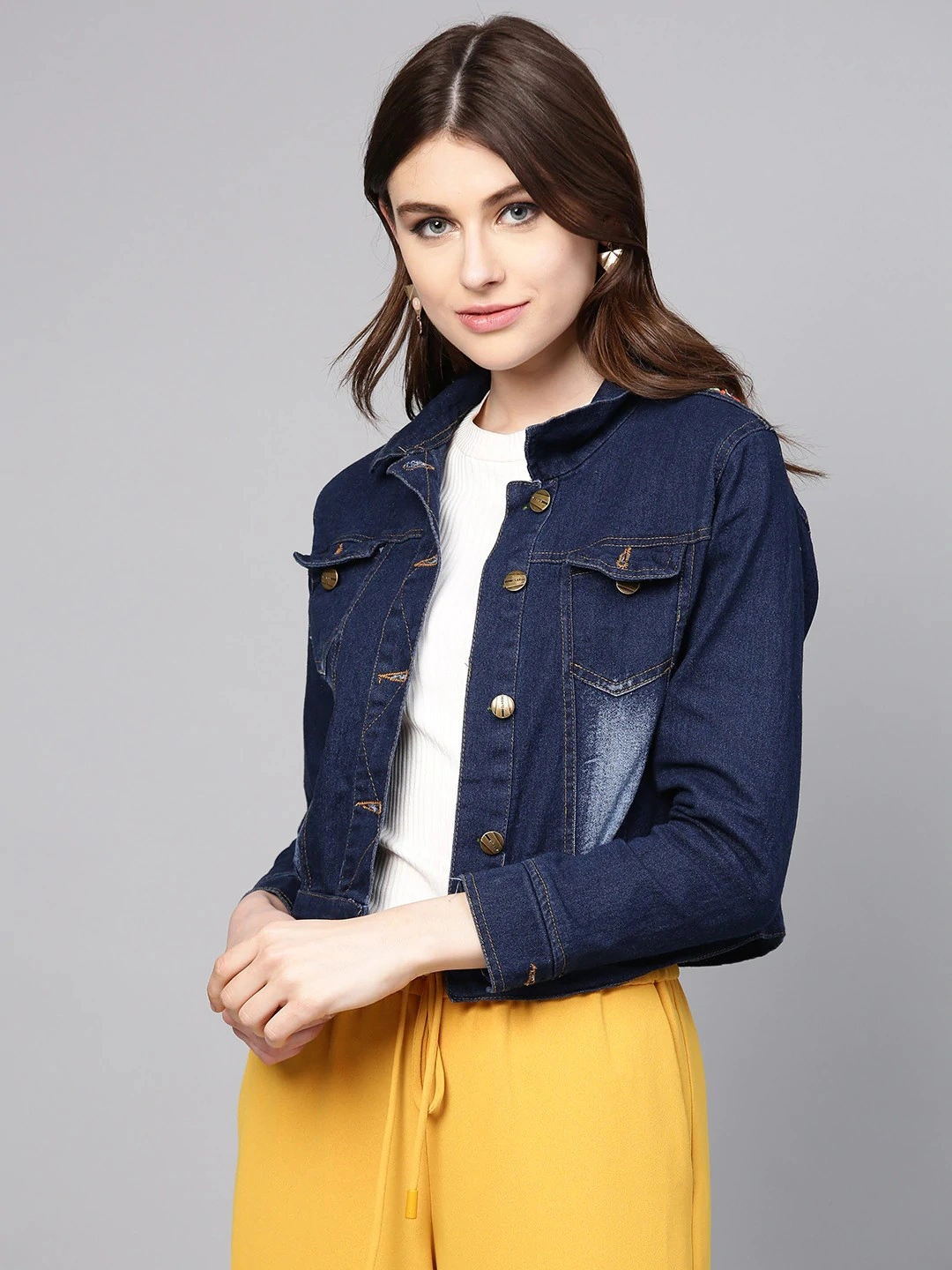 Bhama Couture Women Navy Blue Washed Denim Jacket-M-1