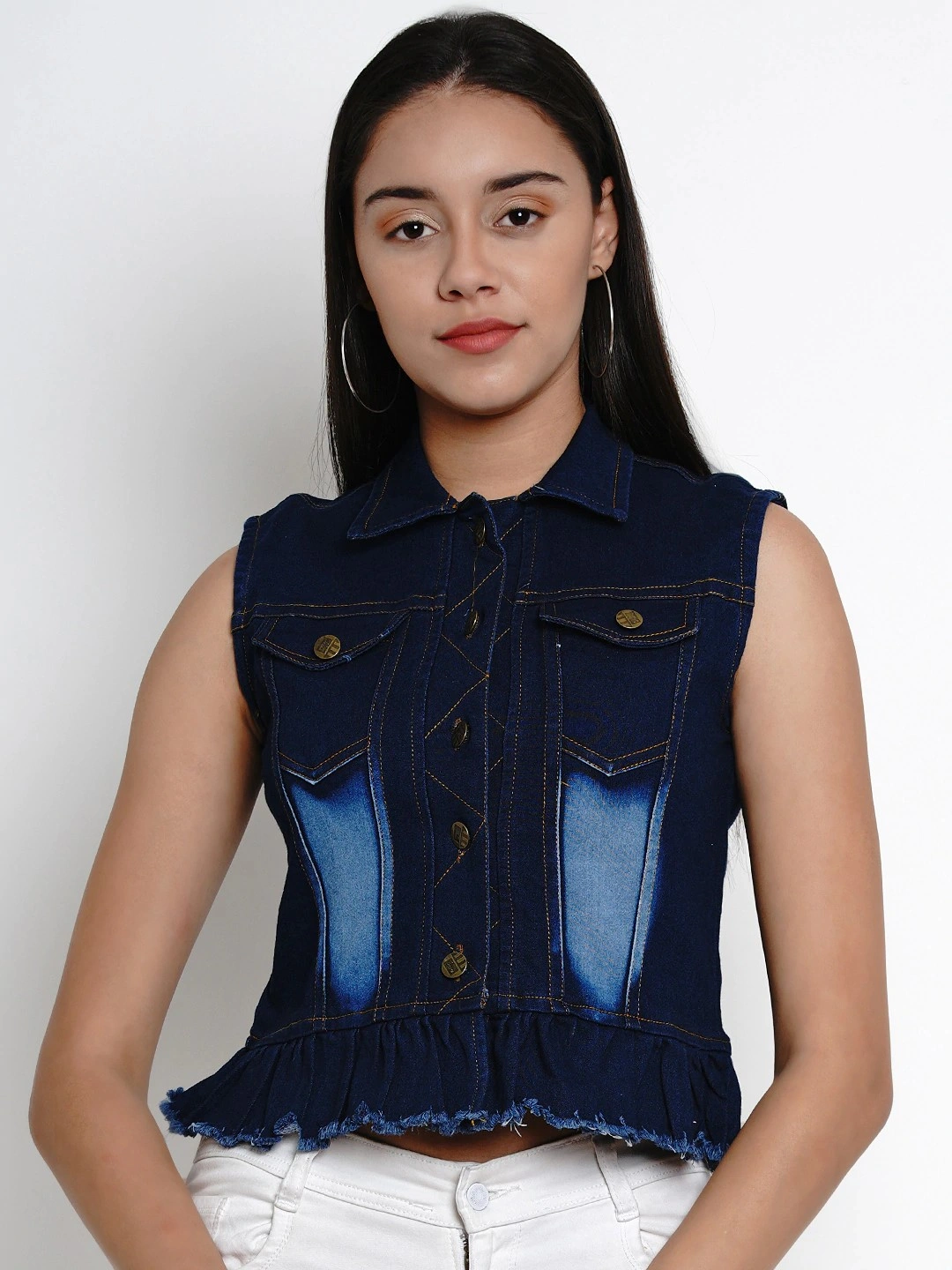 Bhama Couture Women Blue Solid Lightweight Crop Denim Jacket-BHJK015_L