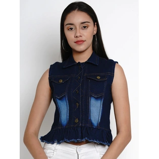 Bhama Couture Women Blue Solid Lightweight Crop Denim Jacket