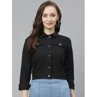 Bhama Couture Women Black Embroidered Back Denim Jacket