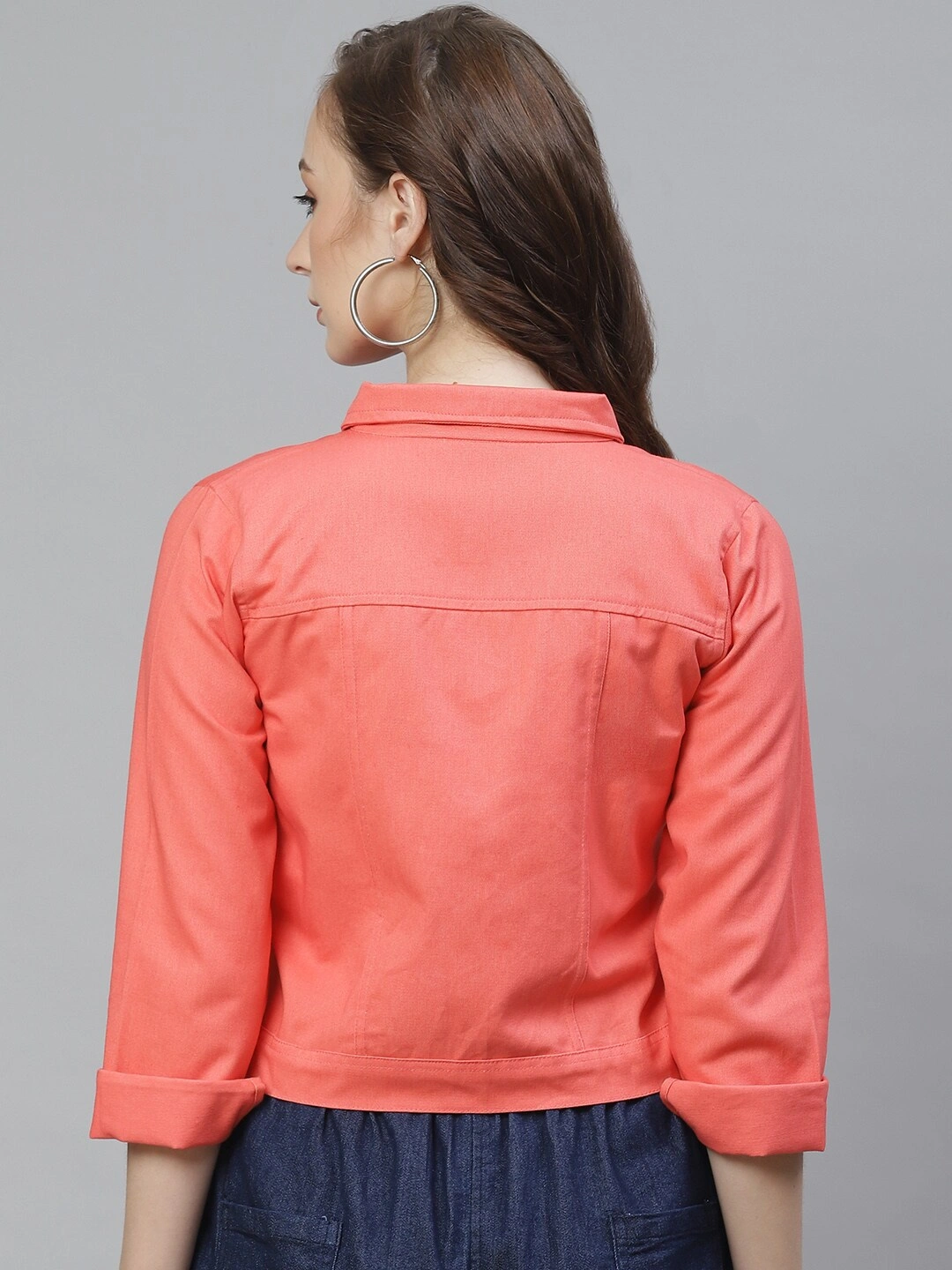 Bhama Couture Women Peach-Coloured Solid Lightweight Denim Jacket-L-2