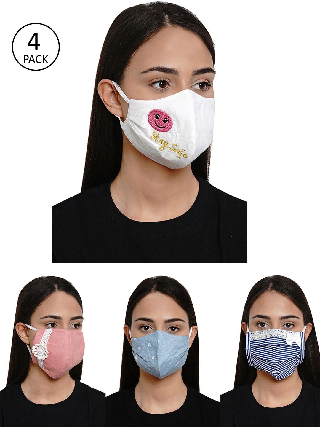 Bhama Couture Women 4 Pcs Embroidered 4-Ply Reusable Cloth Masks-MSK015_FREE_SIZE