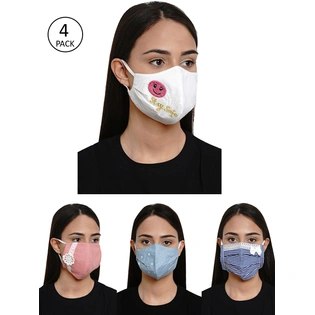Bhama Couture Women 4 Pcs Embroidered 4-Ply Reusable Cloth Masks