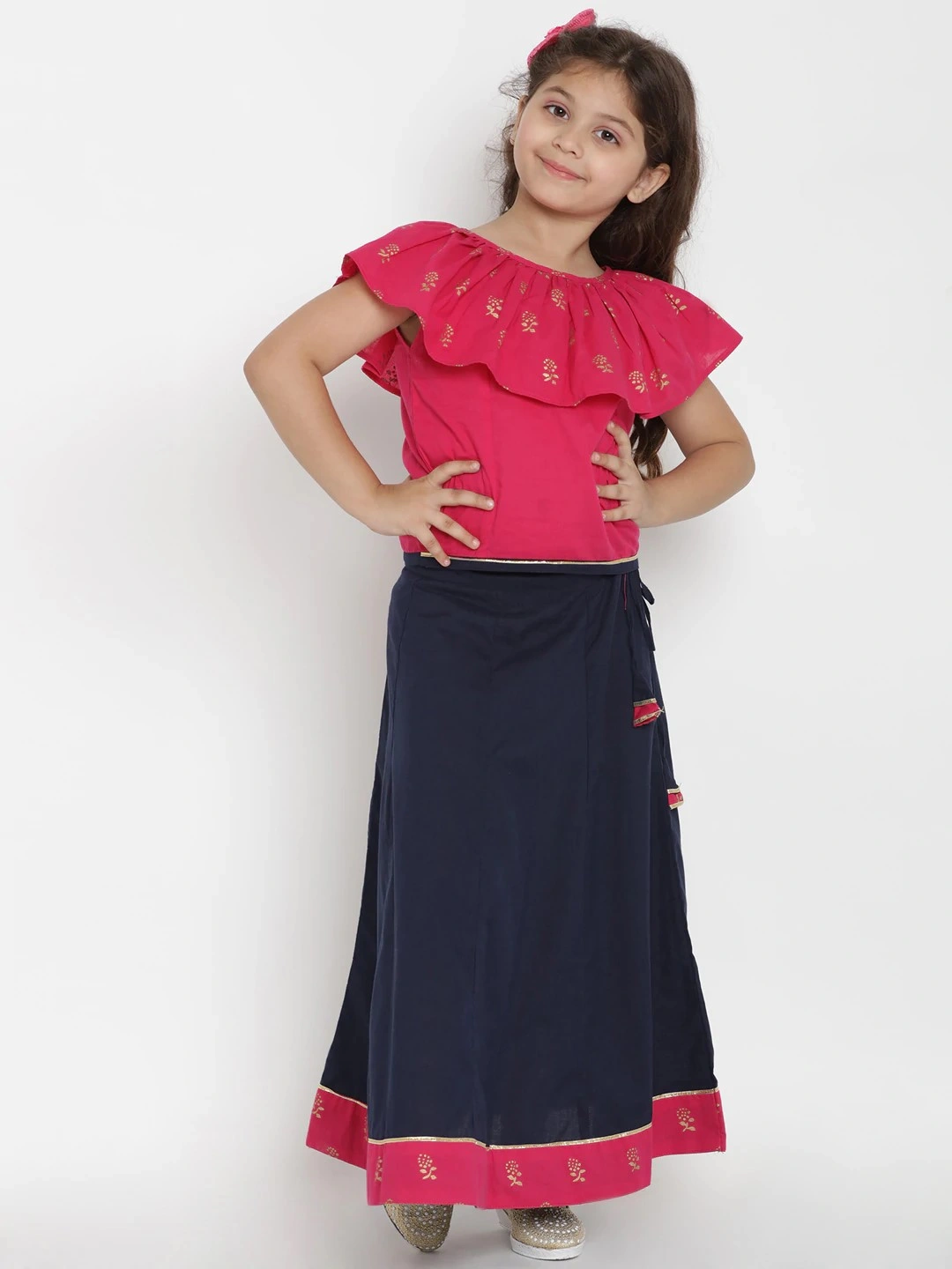 Bitiya by Bhama Girls Fuchsia Pink &amp; Navy Blue Top with Skirt-BBT164_3-4Y