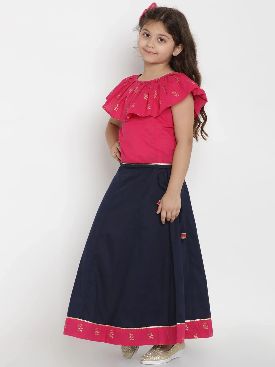 Bitiya by Bhama Girls Fuchsia Pink &amp; Navy Blue Top with Skirt-3-4Y-1