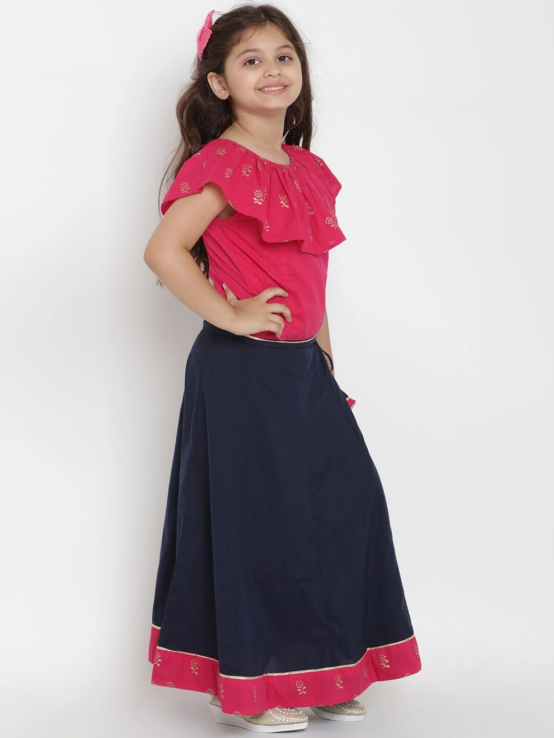 Bitiya by Bhama Girls Fuchsia Pink &amp; Navy Blue Top with Skirt-3-4Y-2