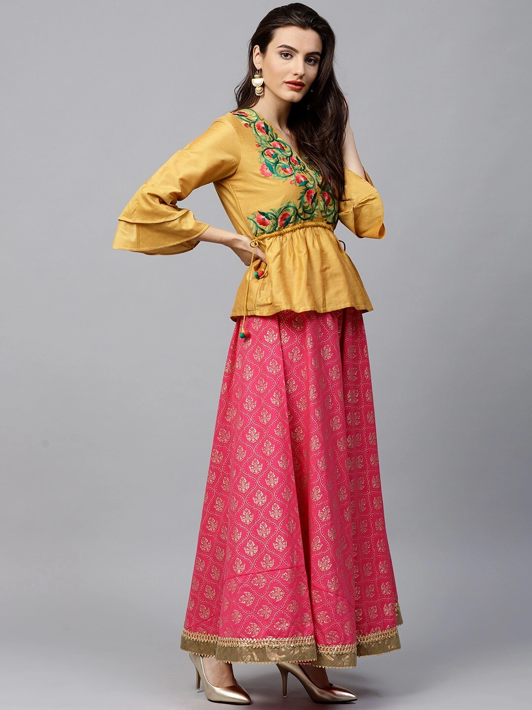 Bhama Couture Women Mustard Yellow &amp; Pink Embriodered Top with Skirt-S-2