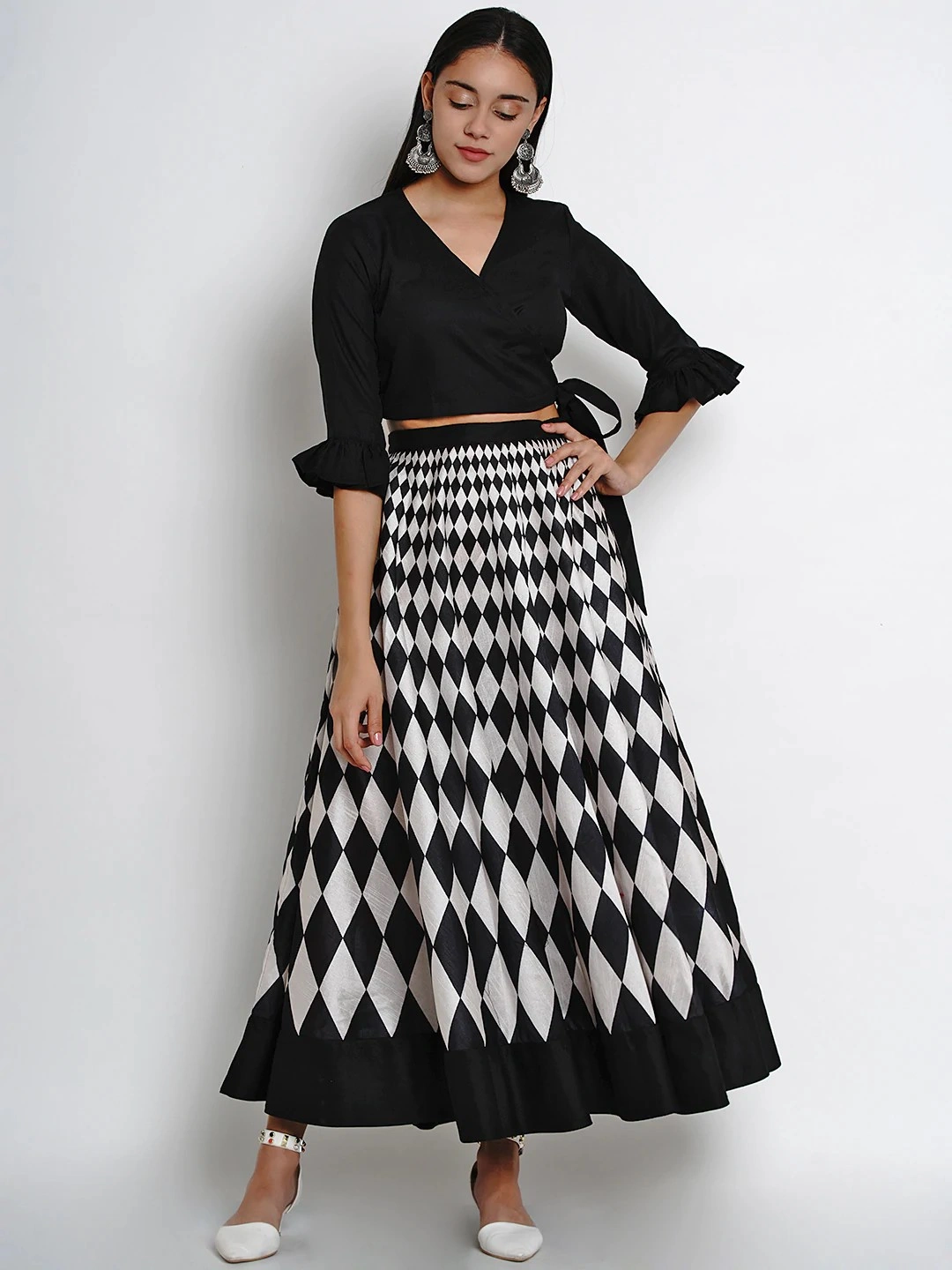 Bhama Couture Women Black &amp; White Solid Top with Skirt-LHC029_L