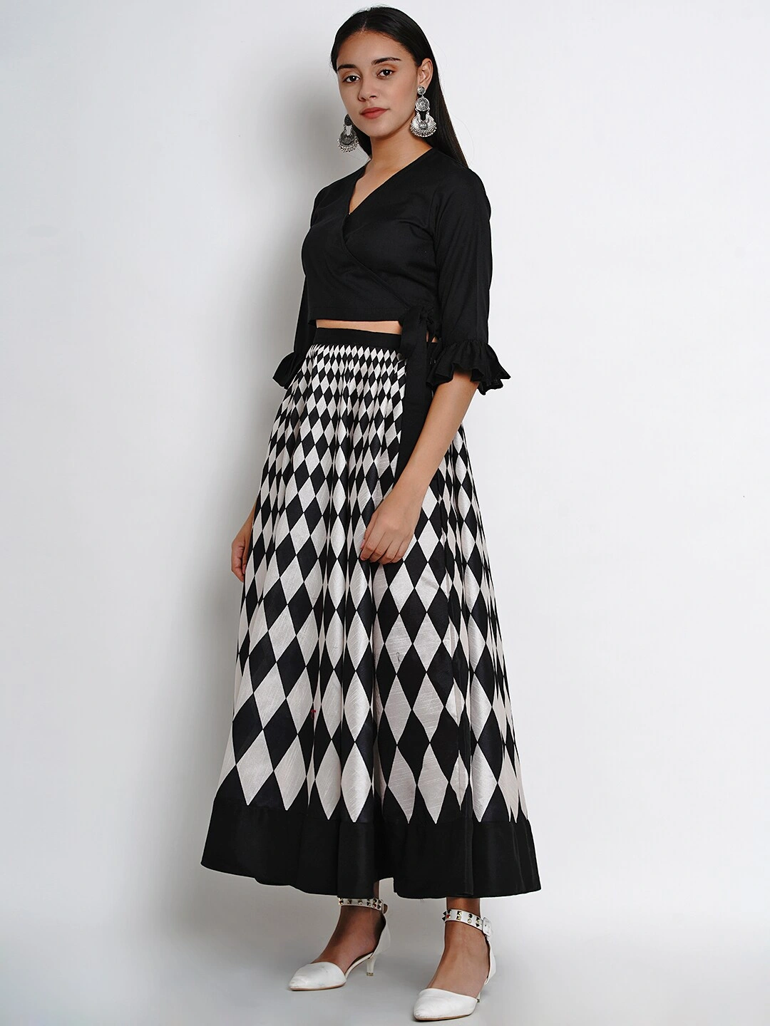 Bhama Couture Women Black &amp; White Solid Top with Skirt-M-2