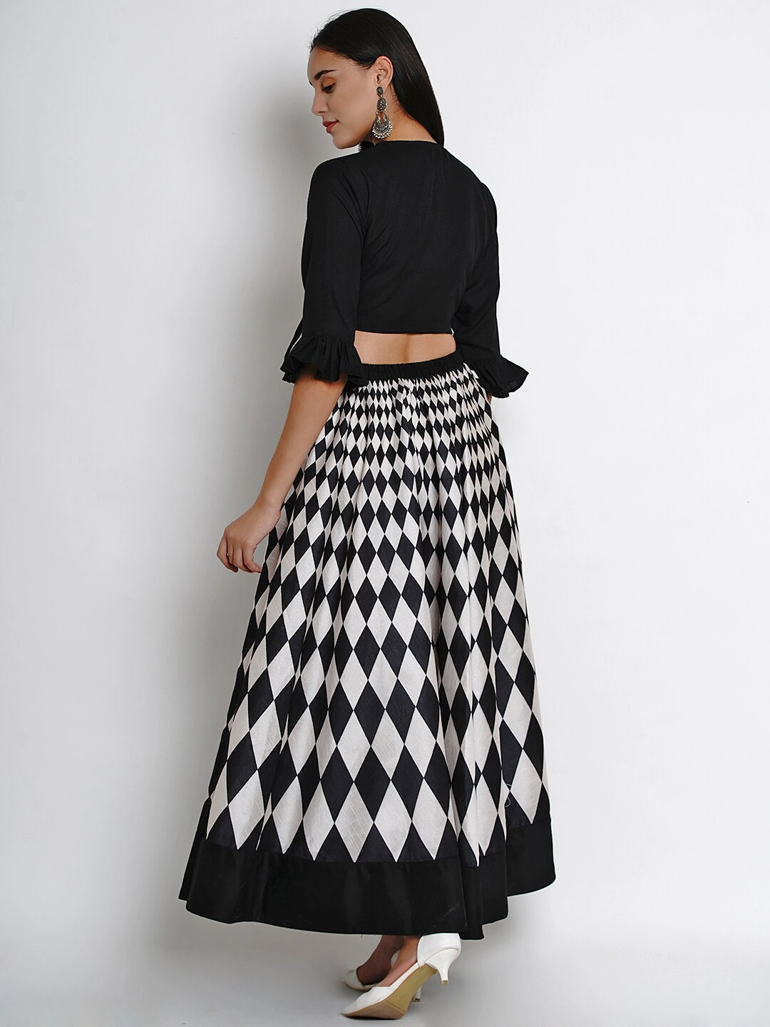 Bhama Couture Women Black &amp; White Solid Top with Skirt-M-3