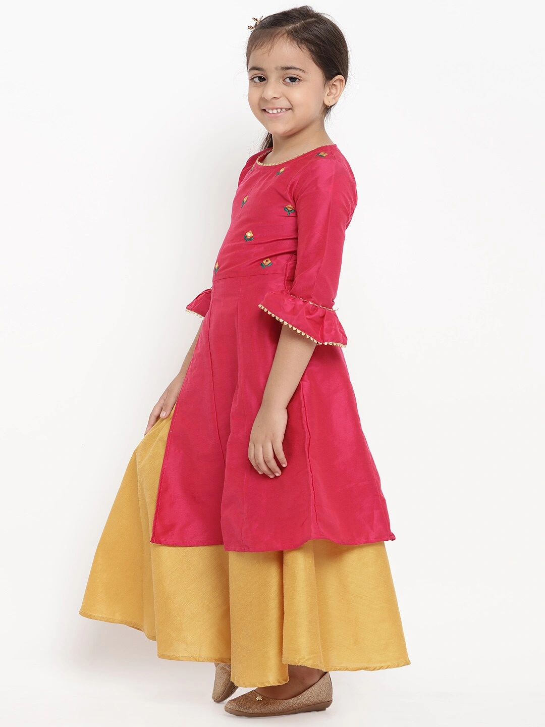 Bitiya by Bhama Girls Pink &amp; Yellow Embroidered Kurta with Skirt-3-4Y-1