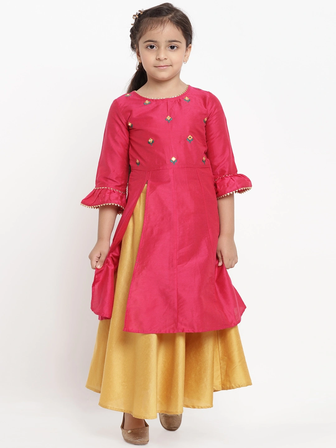 Bitiya by Bhama Girls Pink &amp; Yellow Embroidered Kurta with Skirt-BBT041_4-5Y