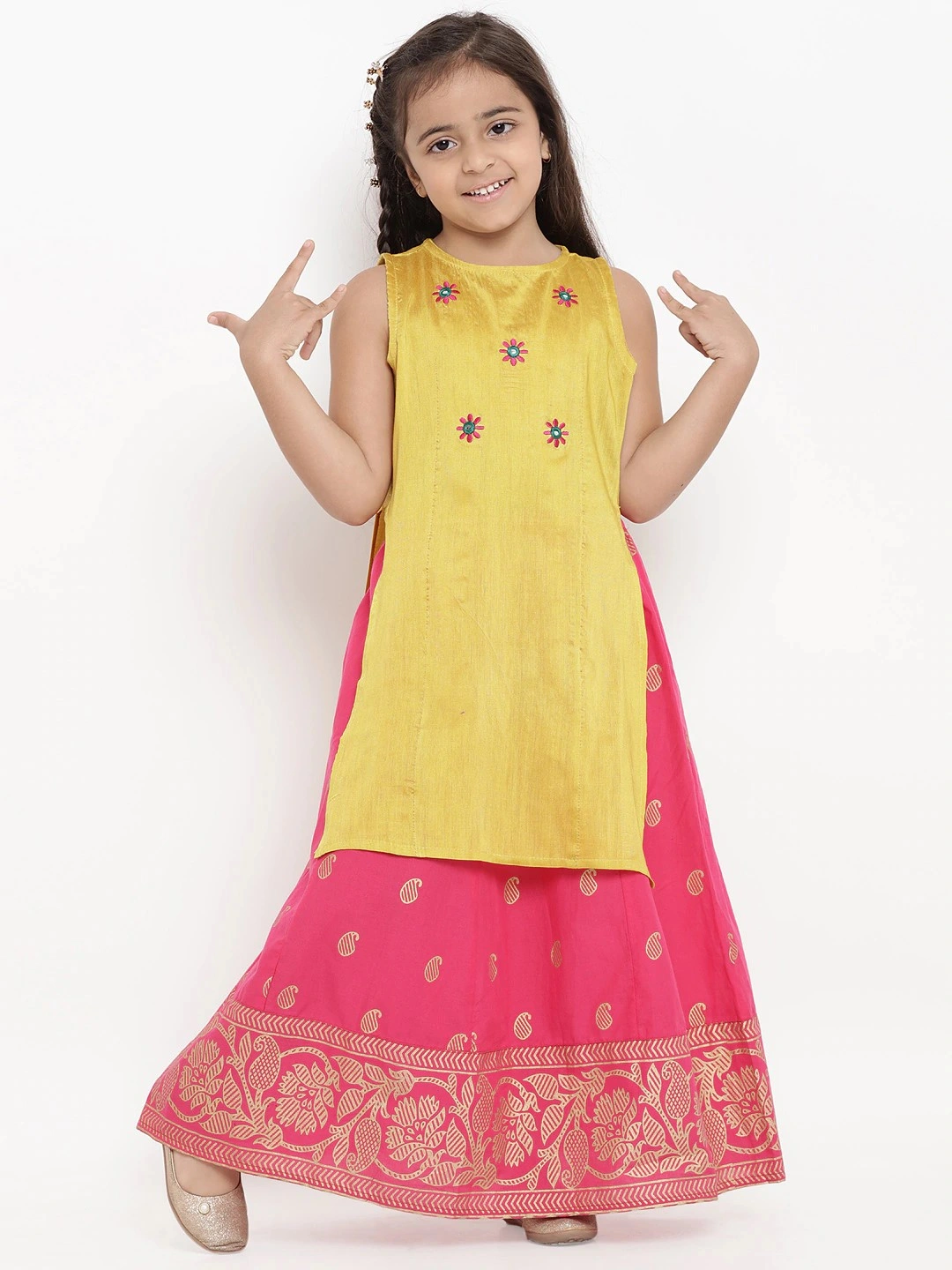 Bitiya by Bhama Girls Yellow &amp; Pink Embroidered Kurta with Skirt-BBT042_3-4Y