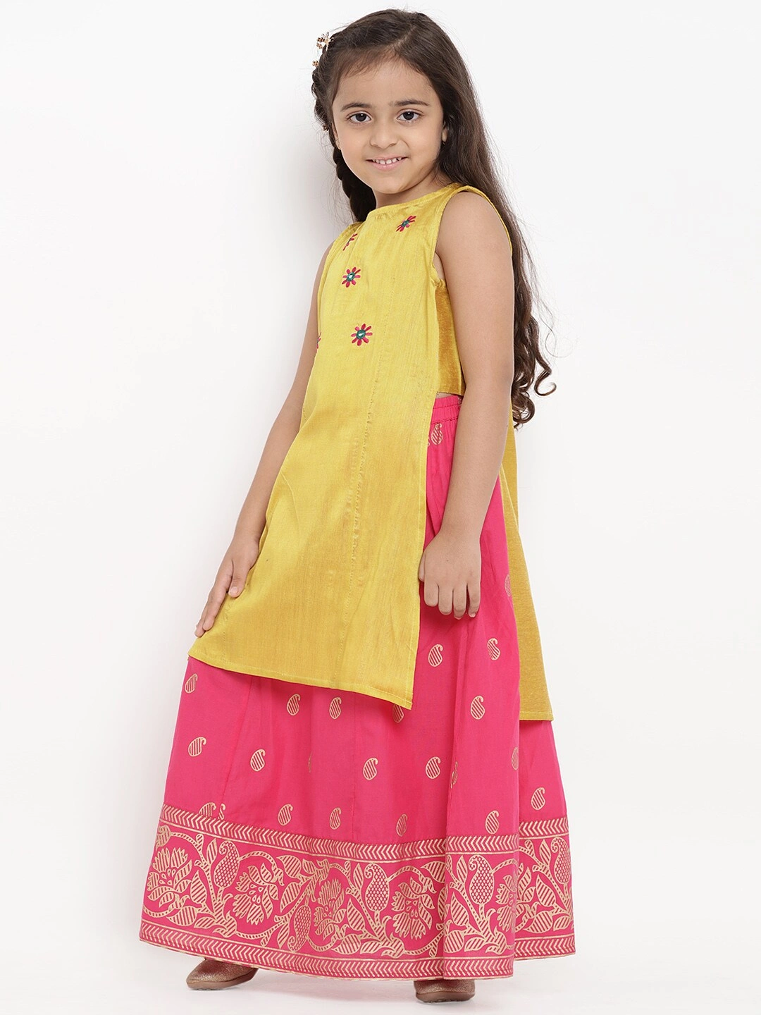 Bitiya by Bhama Girls Yellow &amp; Pink Embroidered Kurta with Skirt-3-4Y-1