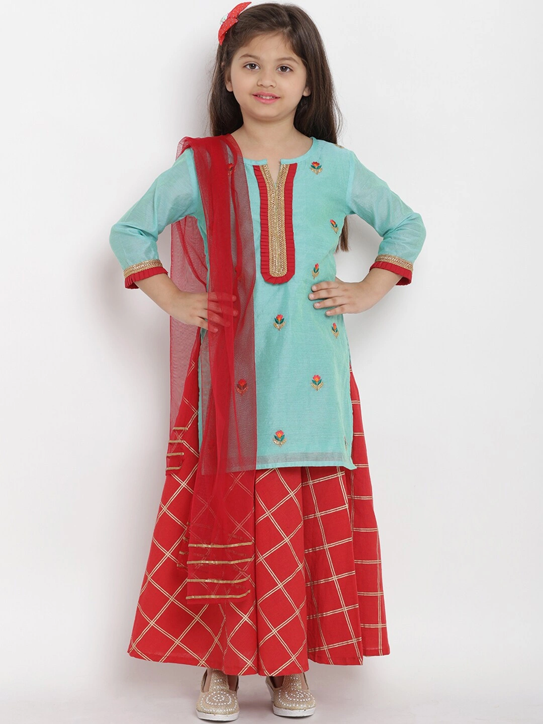 Bitiya by Bhama Girls Sea Green &amp; Red Self Design Kurta with Skirt &amp; Dupatta-BBT095_3-4Y