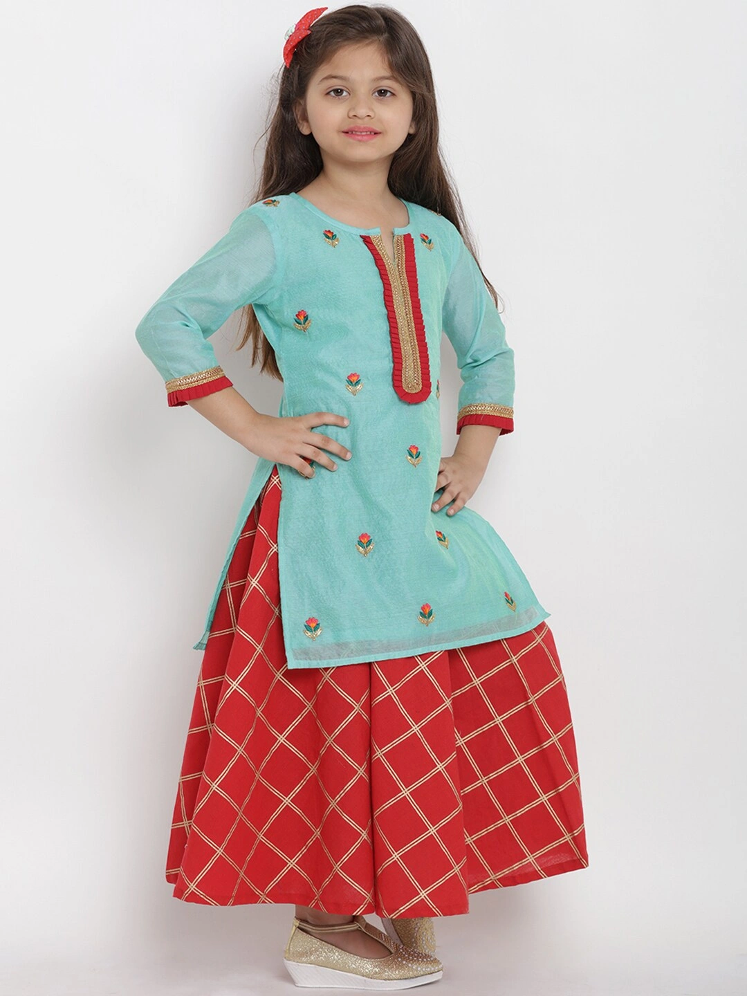 Bitiya by Bhama Girls Sea Green &amp; Red Self Design Kurta with Skirt &amp; Dupatta-3-4Y-1