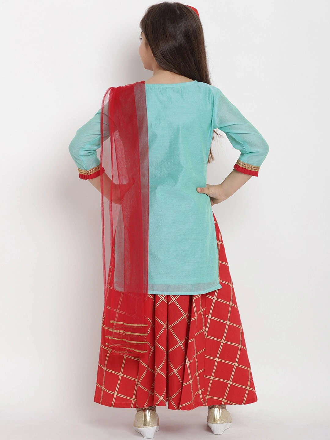 Bitiya by Bhama Girls Sea Green &amp; Red Self Design Kurta with Skirt &amp; Dupatta-3-4Y-2