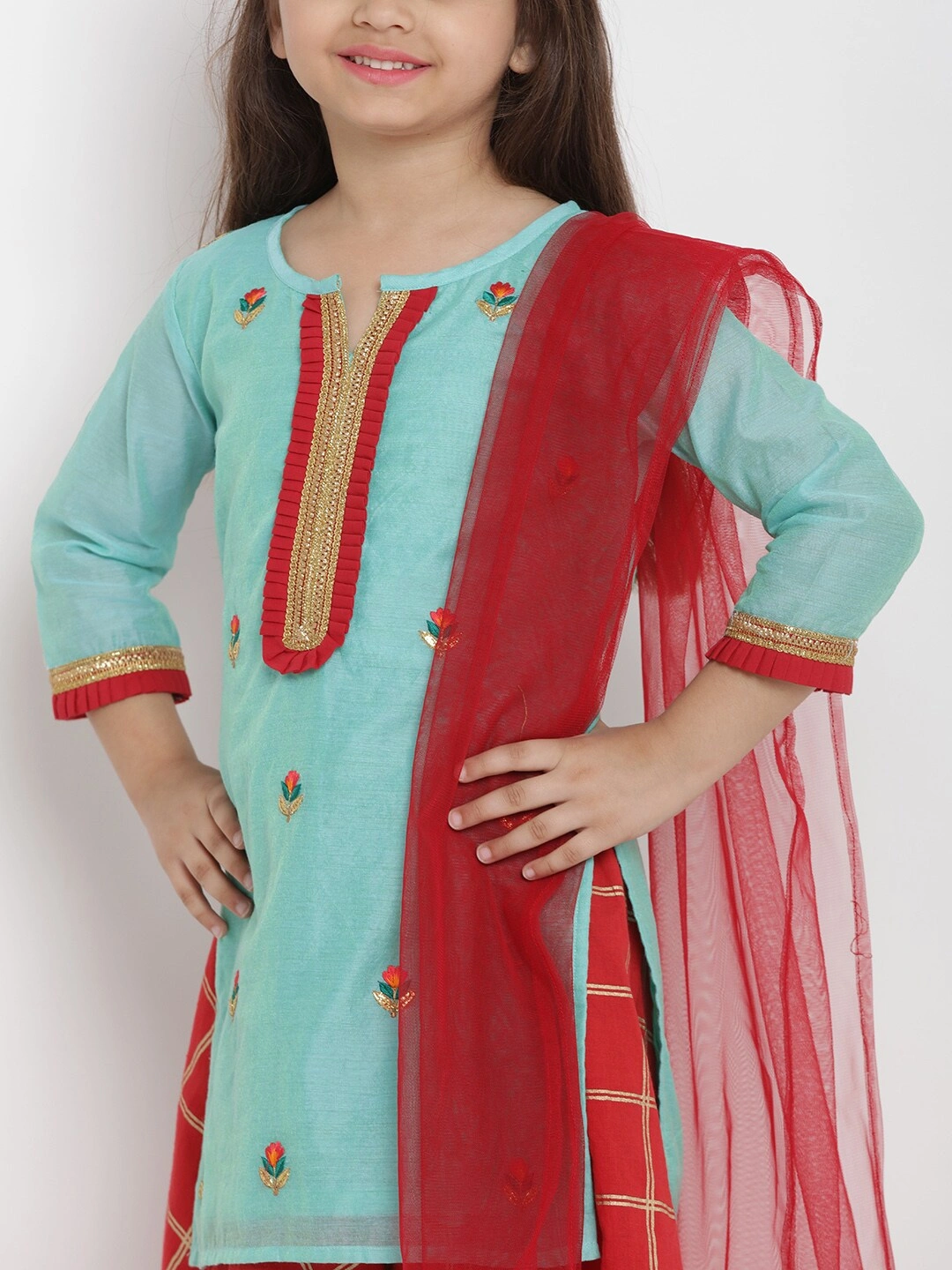 Bitiya by Bhama Girls Sea Green &amp; Red Self Design Kurta with Skirt &amp; Dupatta-3-4Y-3