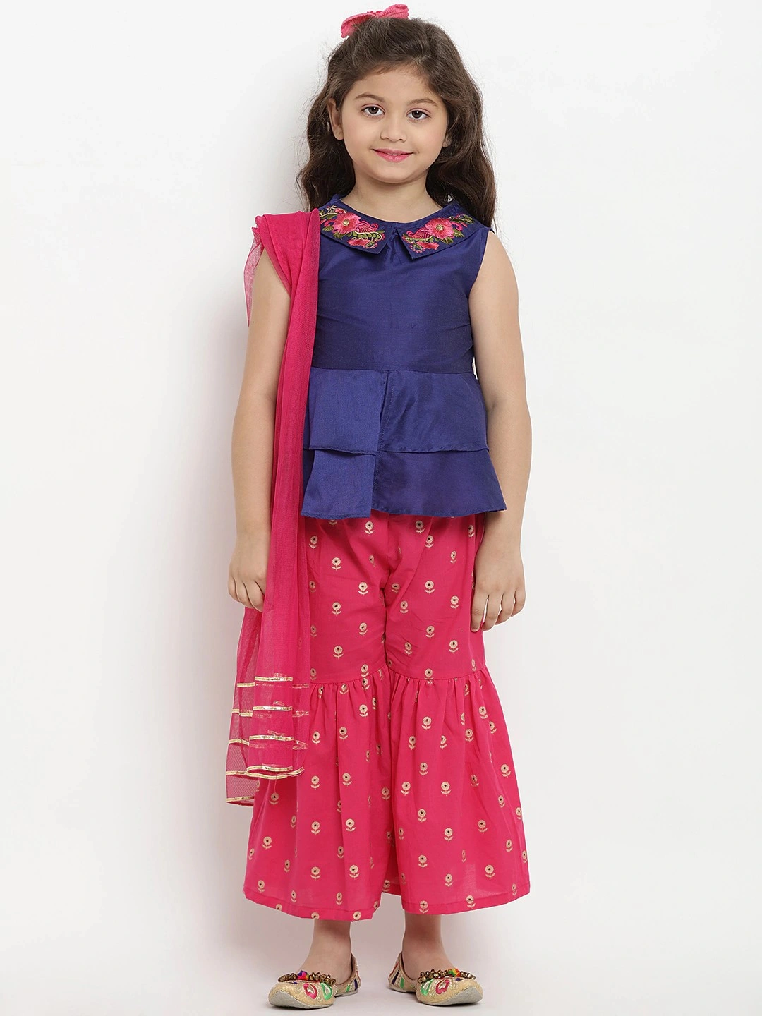 Bitiya by Bhama Girls Blue &amp; Pink Embroidered Kurta with Sharara &amp; Dupatta-BBT141_3-4Y