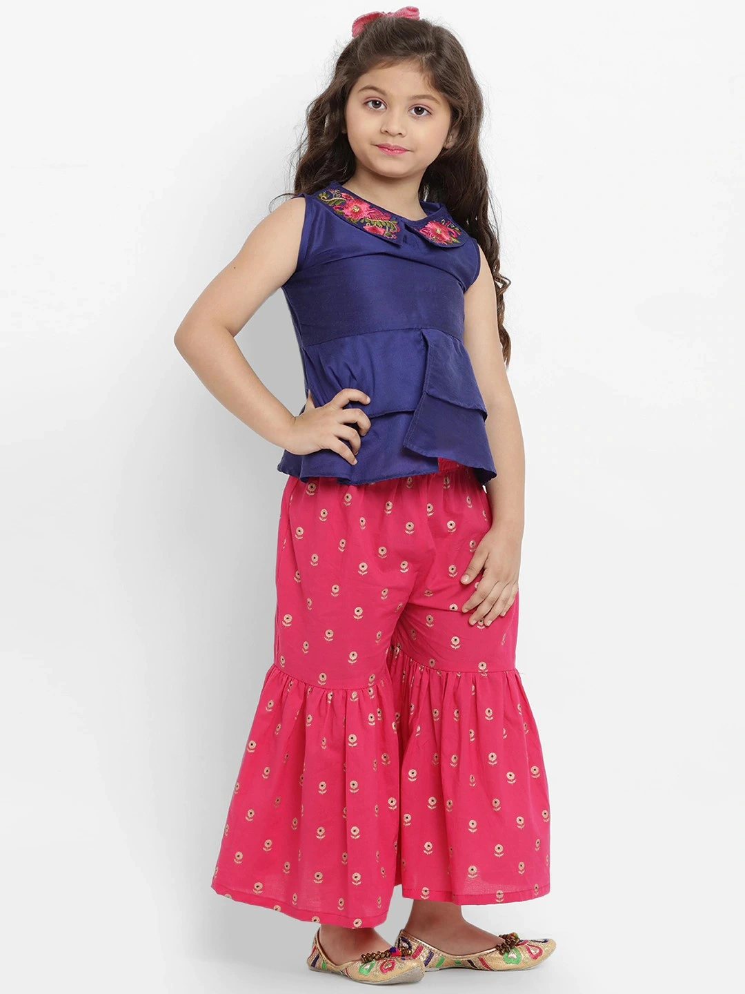 Bitiya by Bhama Girls Blue &amp; Pink Embroidered Kurta with Sharara &amp; Dupatta-3-4Y-1