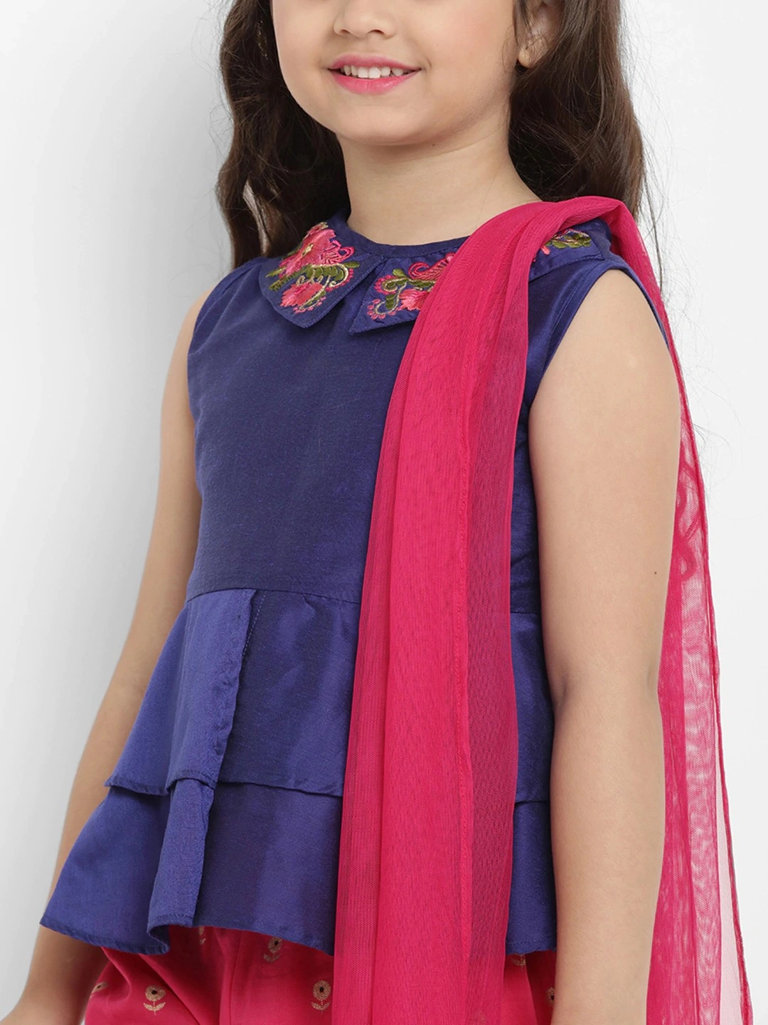 Bitiya by Bhama Girls Blue &amp; Pink Embroidered Kurta with Sharara &amp; Dupatta-3-4Y-3