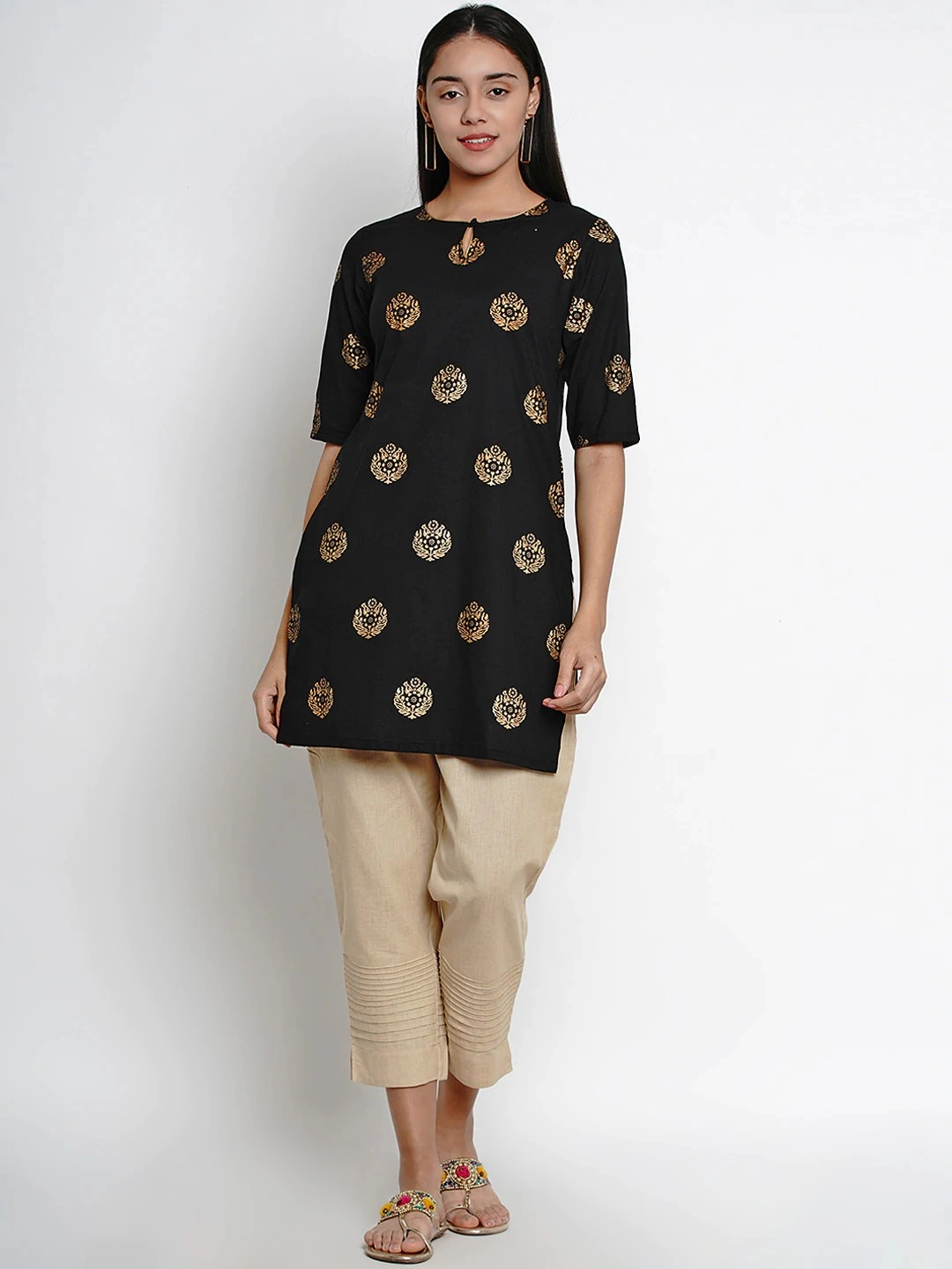 Bhama Couture Women Black &amp; Gold Floral Print Straight Kurti-L-5