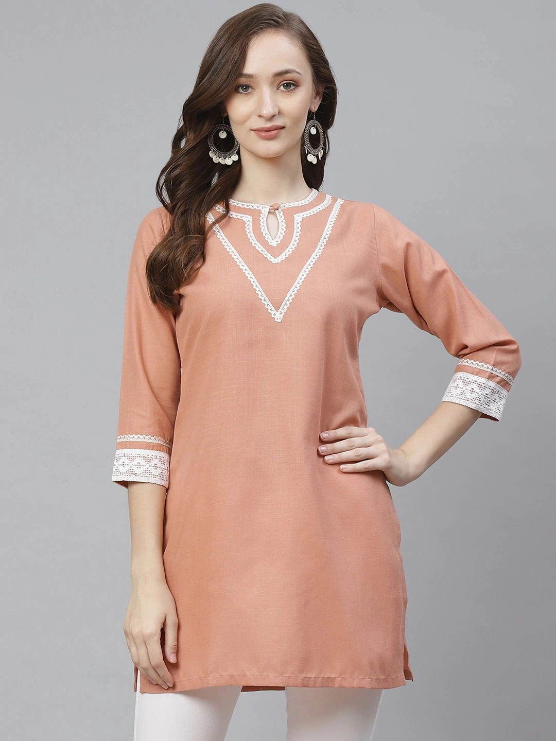 Bhama Couture Peach-Coloured Solid Straight Kurti-AVK070_M