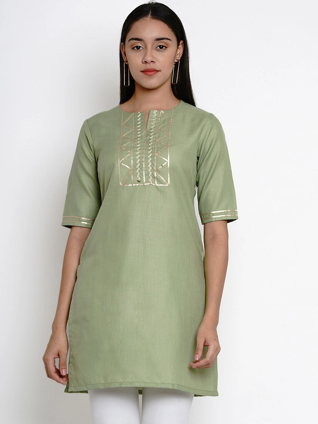 Bhama Couture Women Green Kurti with Lace Detailing-SRPKUR004_L