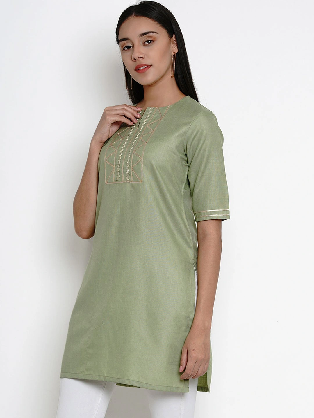 Bhama Couture Women Green Kurti with Lace Detailing-L-1