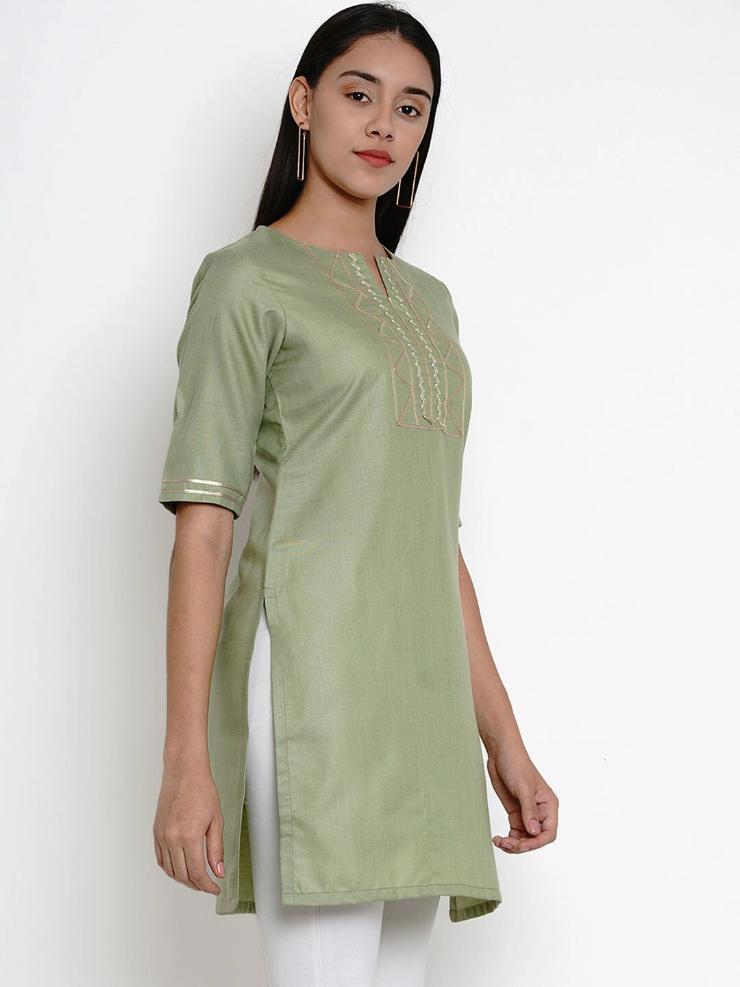 Bhama Couture Women Green Kurti with Lace Detailing-L-2