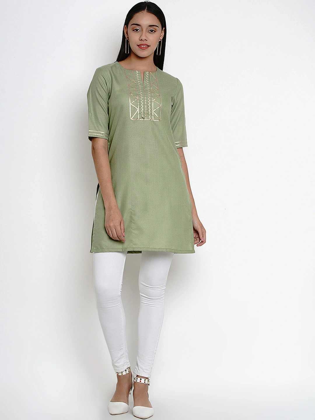 Bhama Couture Women Green Kurti with Lace Detailing-M-5