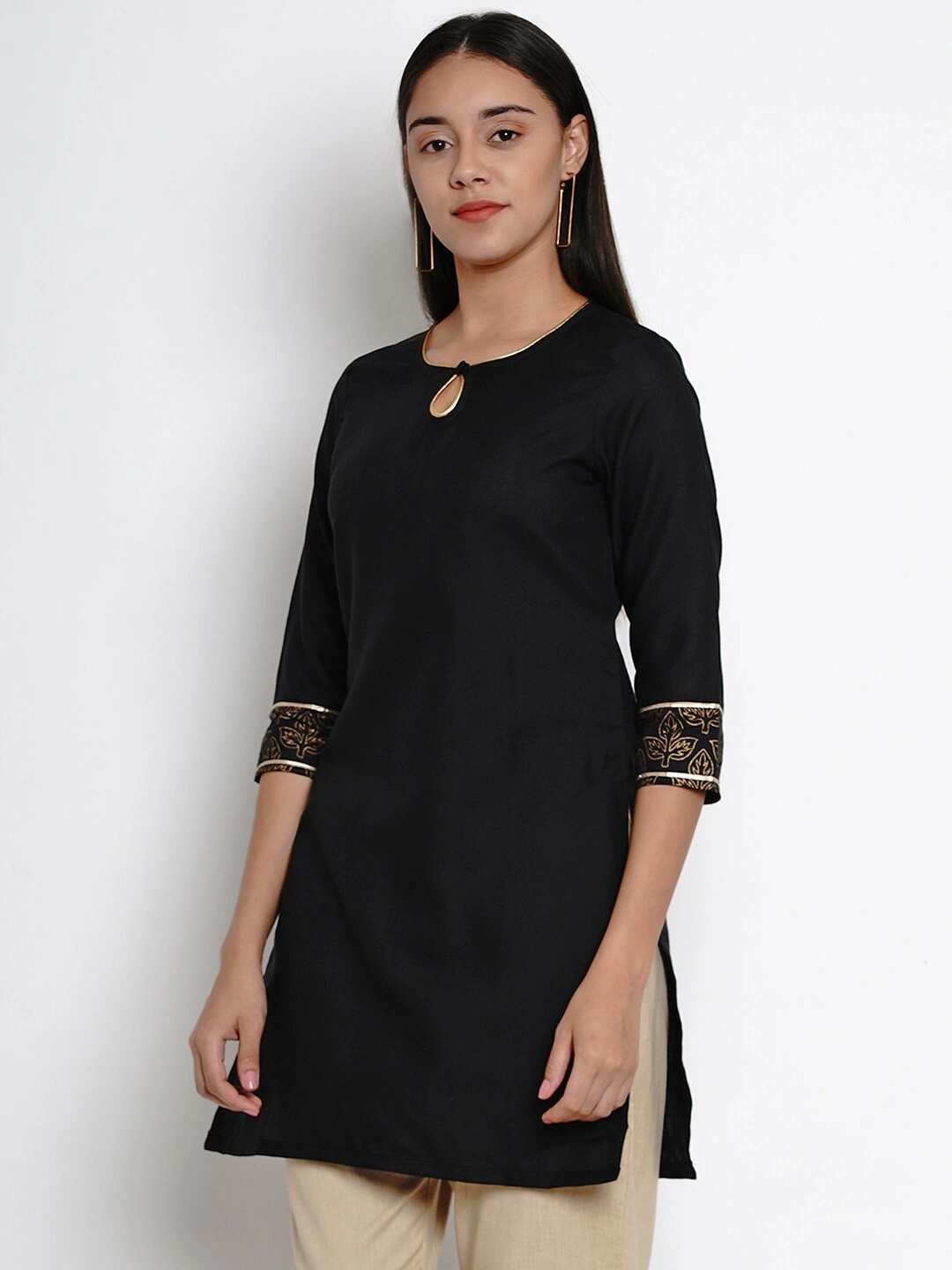 Bhama Couture Women Black &amp; Gold-Coloured Solid Kurti-L-1