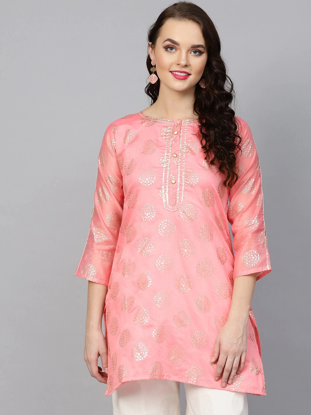 Bhama Couture Women Pink &amp; Golden Foil Print A-Line Kurti-TUN003_L