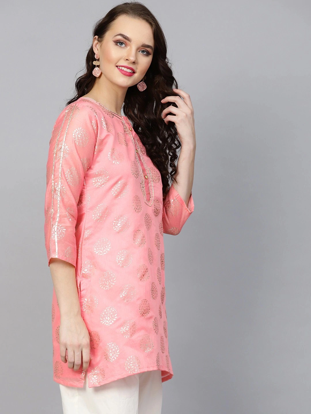 Bhama Couture Women Pink &amp; Golden Foil Print A-Line Kurti-L-1