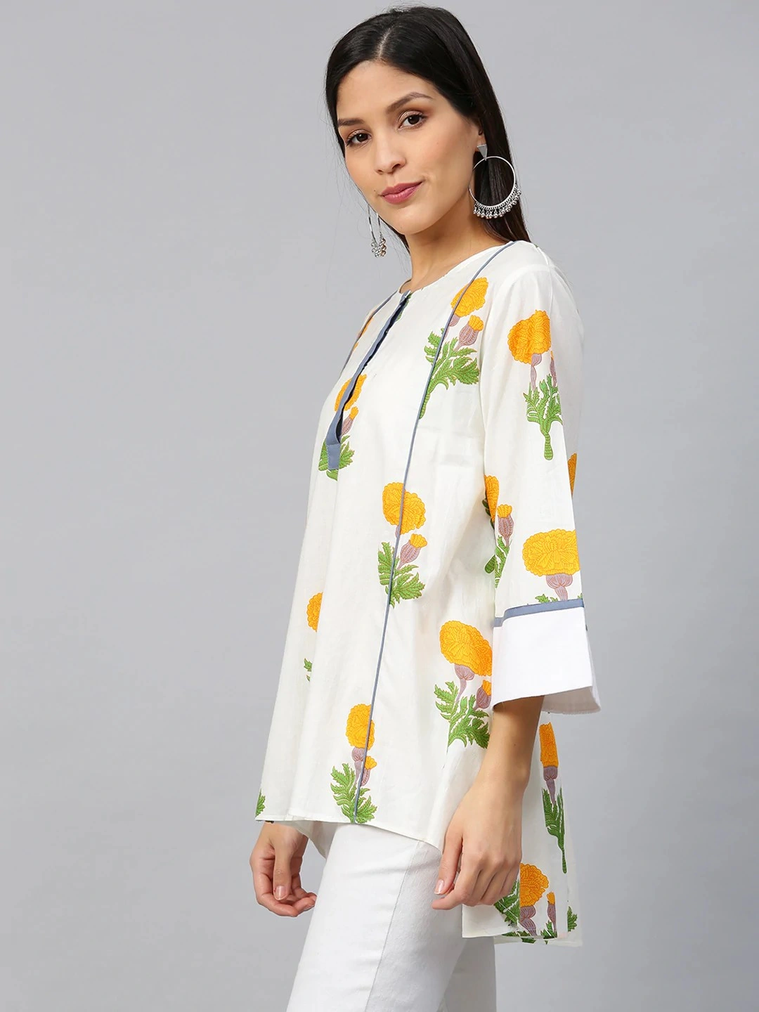 Bhama Couture Off-White &amp; Yellow Printed A-Line High-Low Kurti-L-1