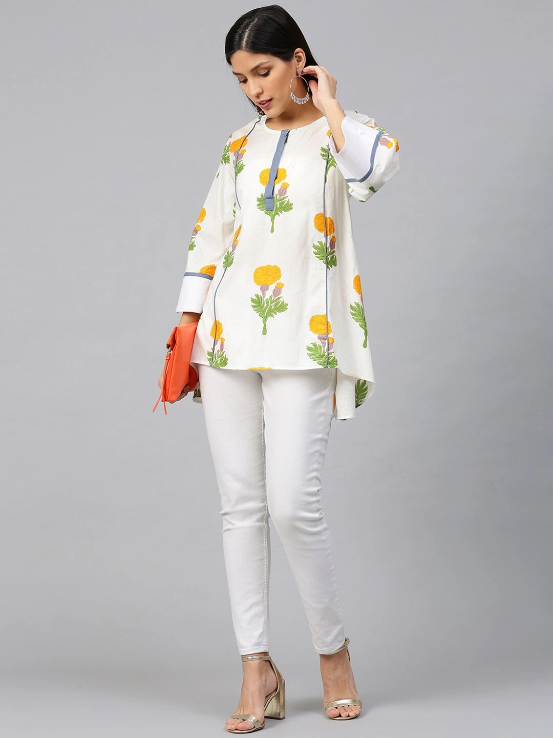 Bhama Couture Off-White &amp; Yellow Printed A-Line High-Low Kurti-L-4