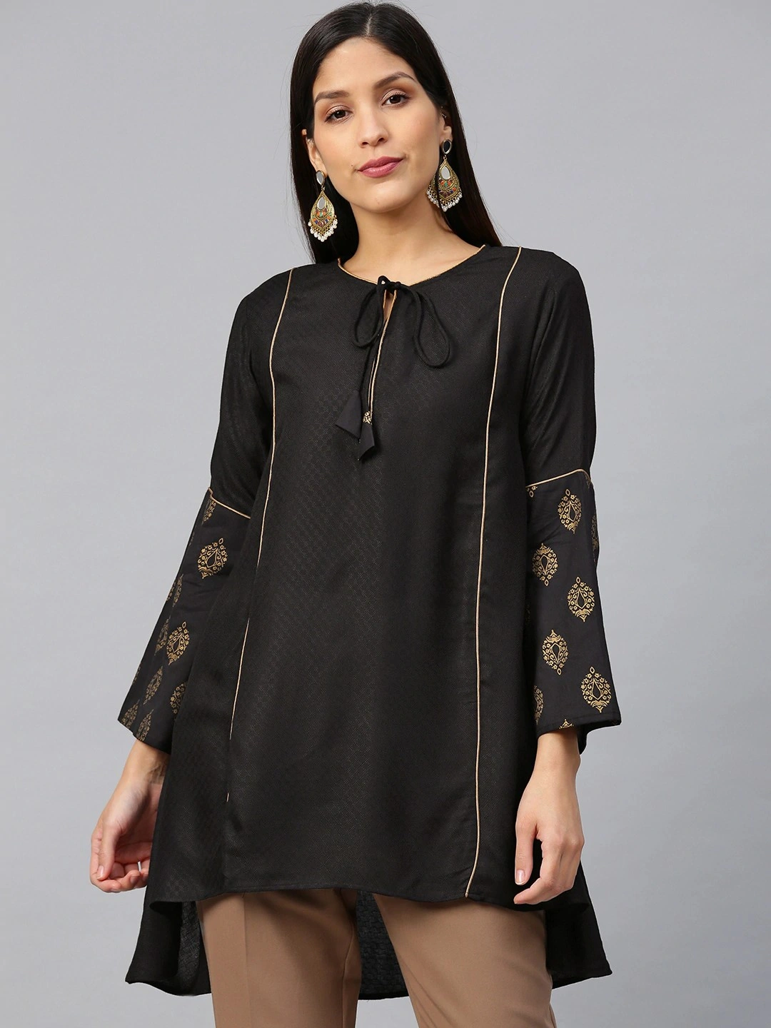 Bhama Couture Black Self-Design A-Line High-Low Kurti-TUN054_L