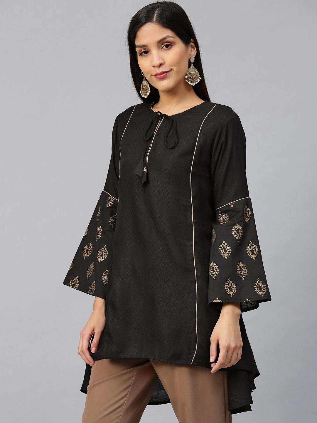 Bhama Couture Black Self-Design A-Line High-Low Kurti-L-1