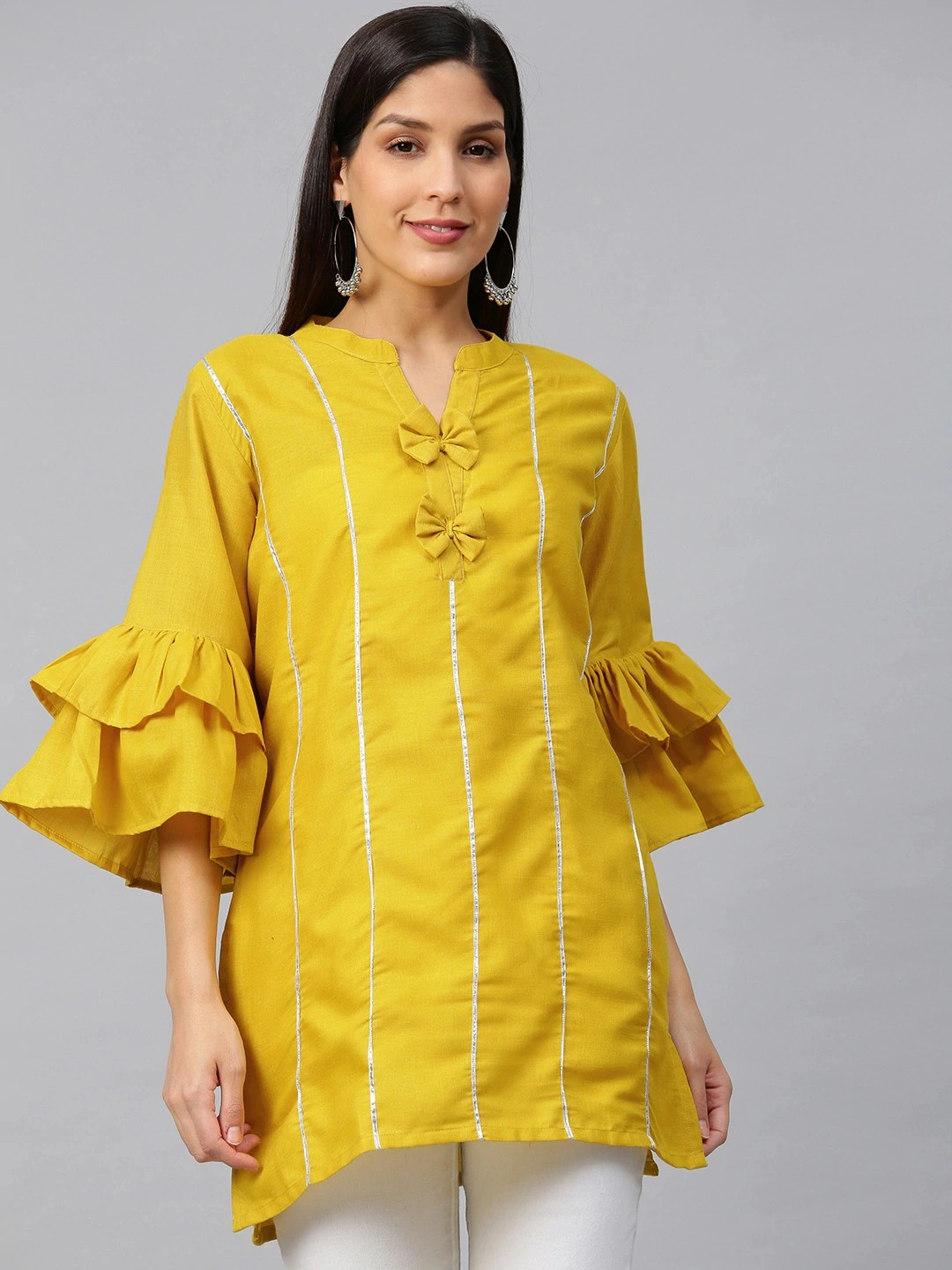 Bhama Couture Women Mustard Yellow Bell Sleeves Gotta Patti Striped Straight Kurti-TUN055_L