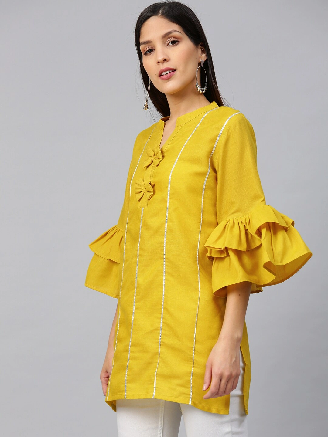 Bhama Couture Women Mustard Yellow Bell Sleeves Gotta Patti Striped Straight Kurti-L-1