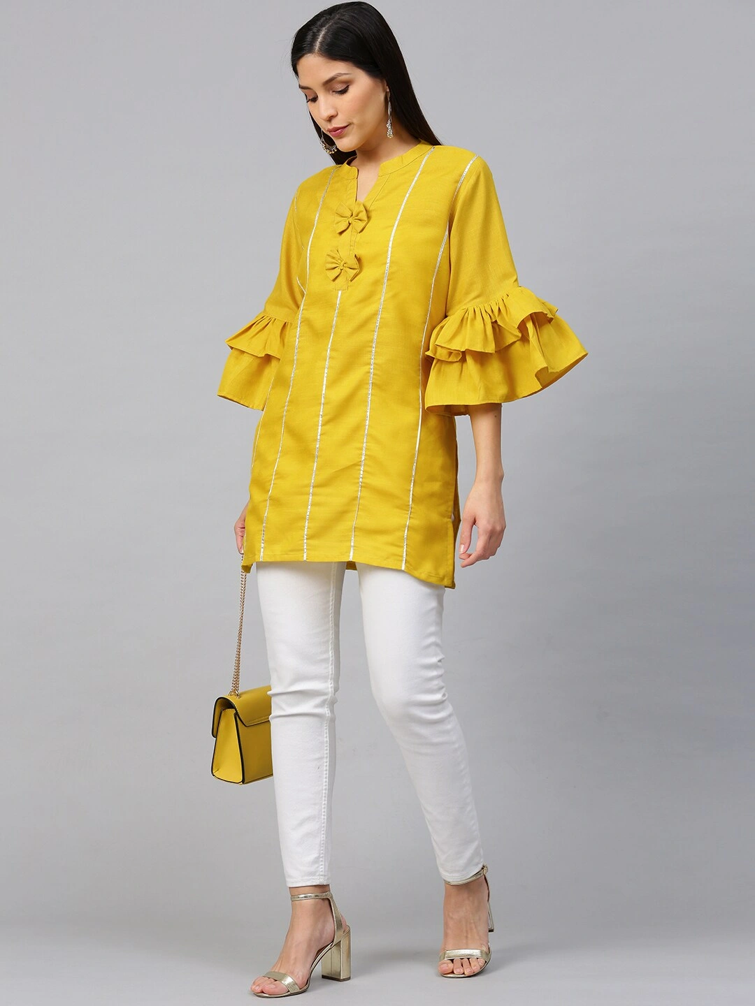 Bhama Couture Women Mustard Yellow Bell Sleeves Gotta Patti Striped Straight Kurti-M-5