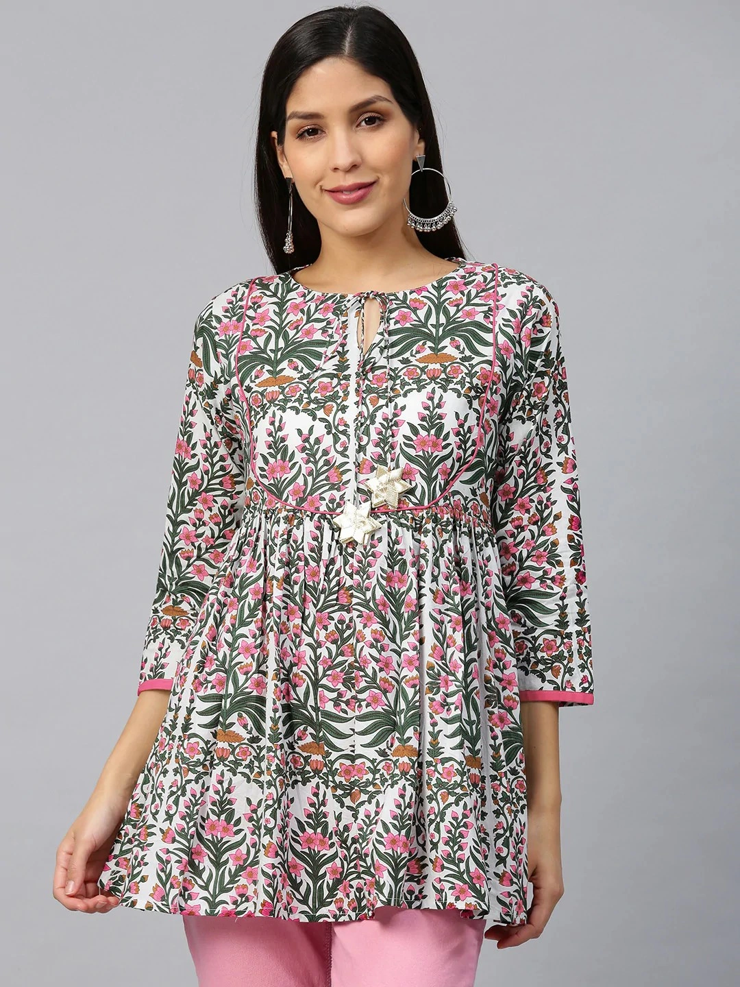 Bhama Couture White &amp; Pink Printed A-Line Empire Kurti-TUN056_L