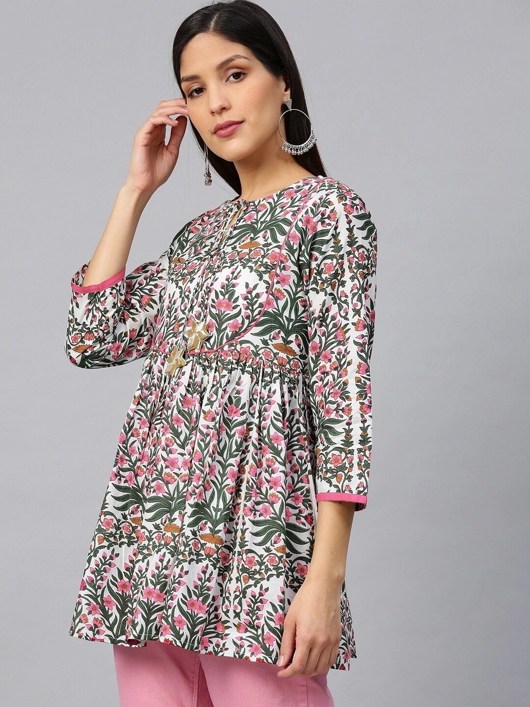 Bhama Couture White &amp; Pink Printed A-Line Empire Kurti-L-1