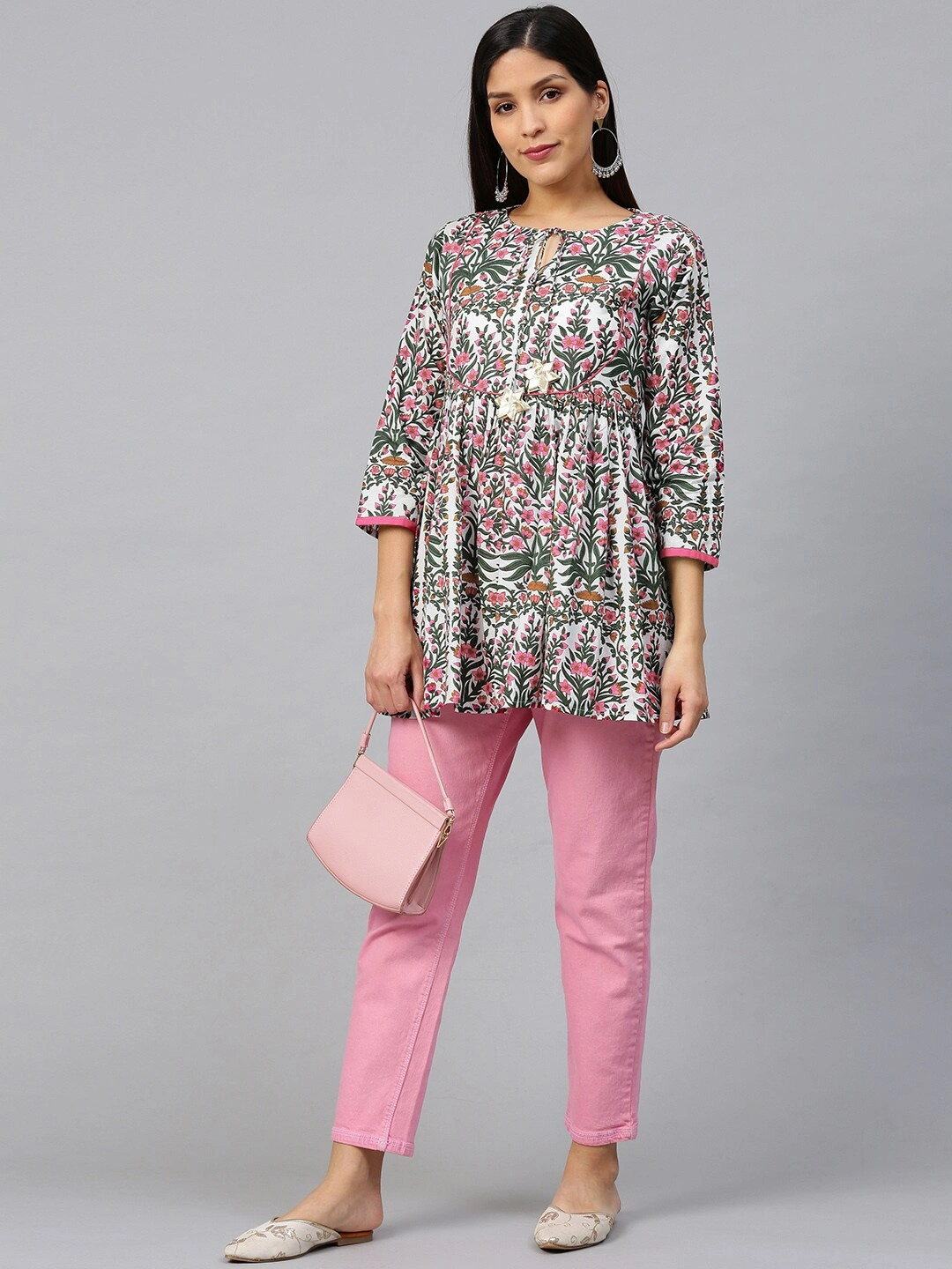 Bhama Couture White &amp; Pink Printed A-Line Empire Kurti-L-4