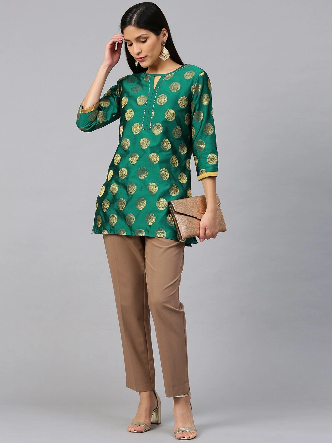 Bhama Couture Women Green &amp; Golden Woven Design Silk Straight Kurti-L-5