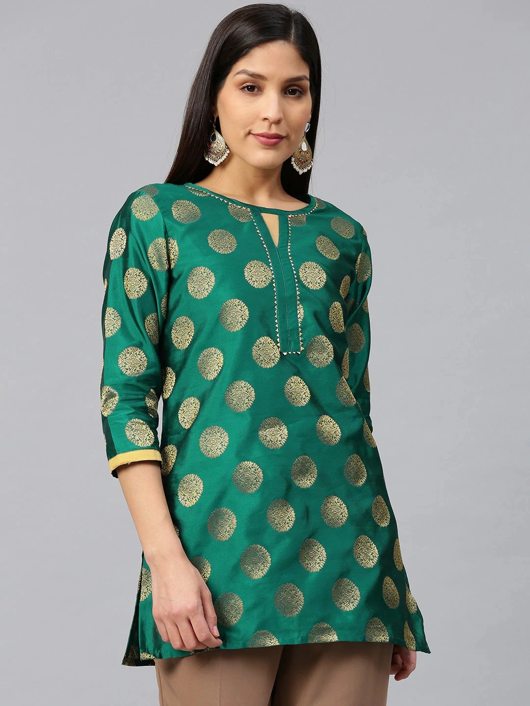 Bhama Couture Women Green &amp; Golden Woven Design Silk Straight Kurti-TUN058_M