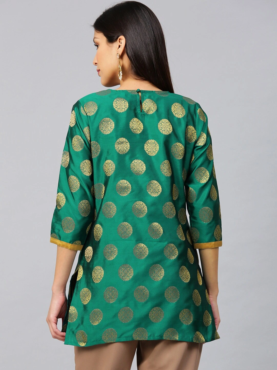 Bhama Couture Women Green &amp; Golden Woven Design Silk Straight Kurti-M-2